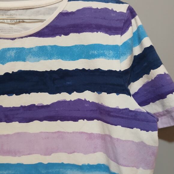 Talbots Top Womens Petite Medium PM Striped Tee Shirt Watercolor Short Sleeve - Picture 2 of 4